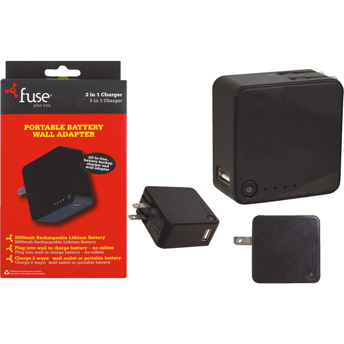 2 In 1 USB-A Wall Charger w/2600mah Back Up Battery Fuse - Additional View