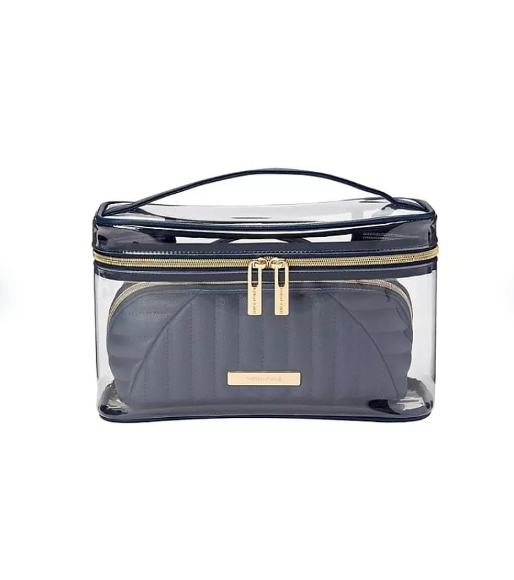 2pc. Luxe Caviar Train Case Set Clear/Blue Tartan + Twine - Additional View