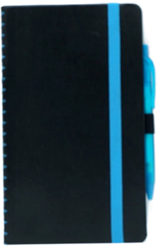 Notebook 5" x 8.5" 80 Lined Pages Black & Blue w/Pen Elastic Close