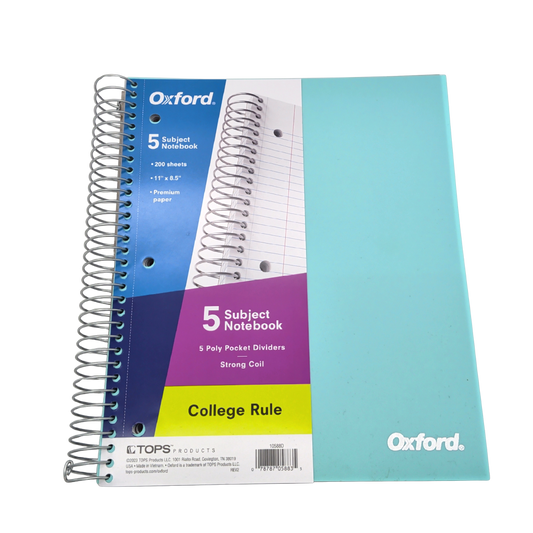 5 Subject Notebook 11" x 8.5" 200 Sheets  Oxford