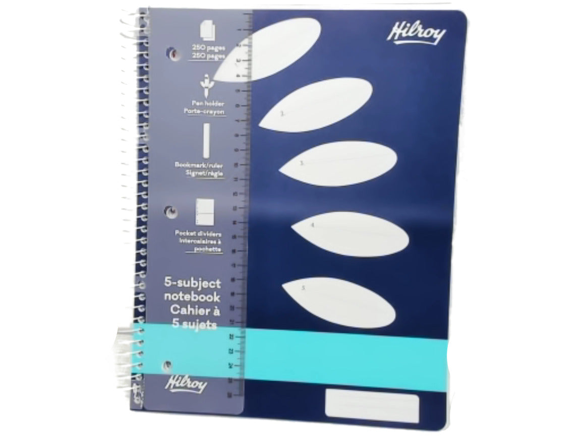 Cahier 5 sujets, 250 pages, 3 trous, avec règle et intercalaires à pochette Hilroy