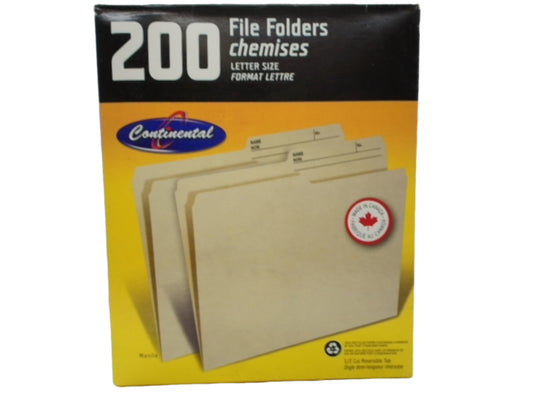 Chemises de classement format Lettre - Paquet de 200. Continental