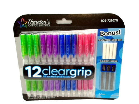 Mechanical Pencils 12pk. Cleargrip 0.7mm Ass't Colored Barrels
