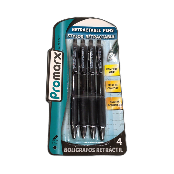 Retractable Pens 4pk. Black Comfort Grip Promax Grippy