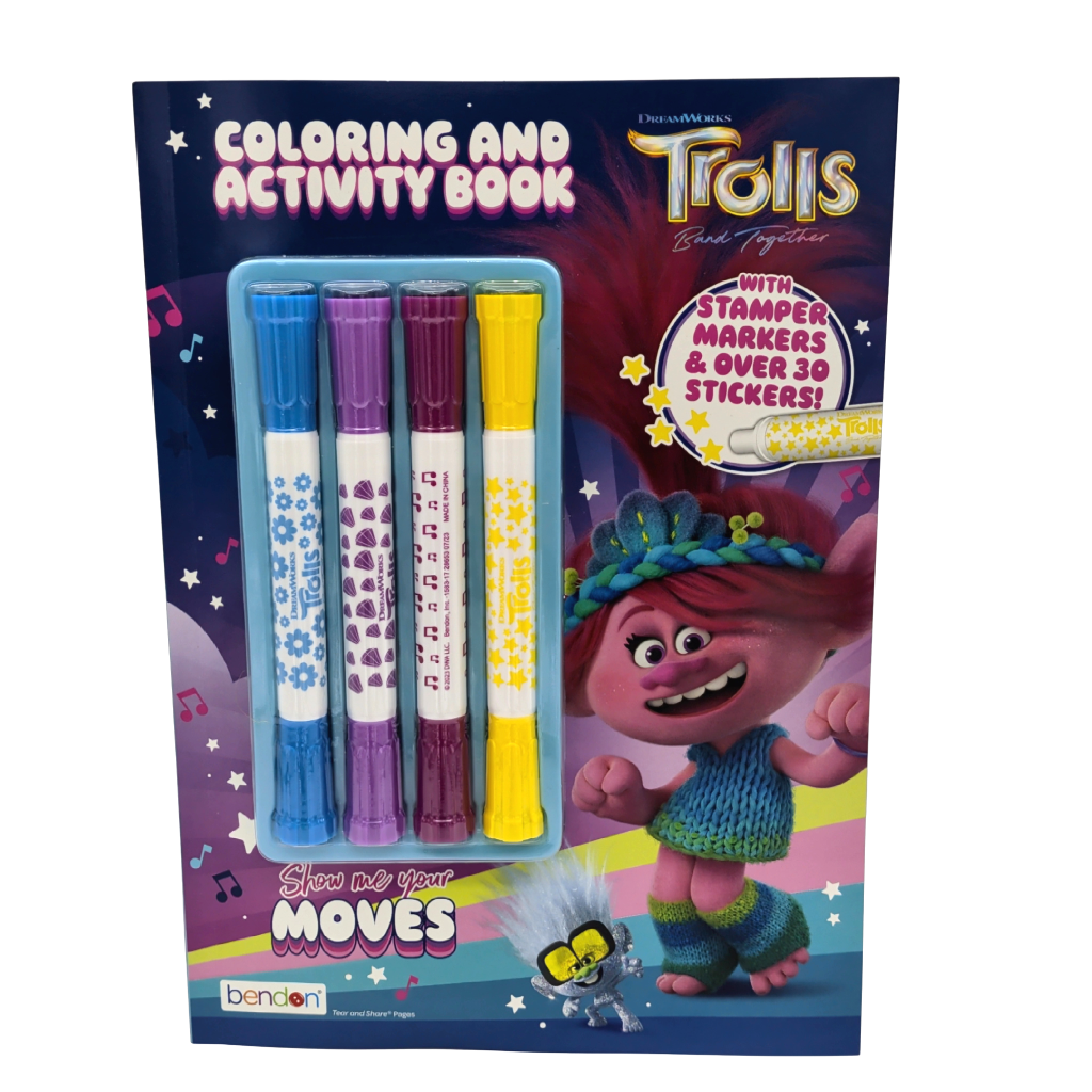 Livre de coloriage et d'activités avec feutres et autocollants Trolls 3