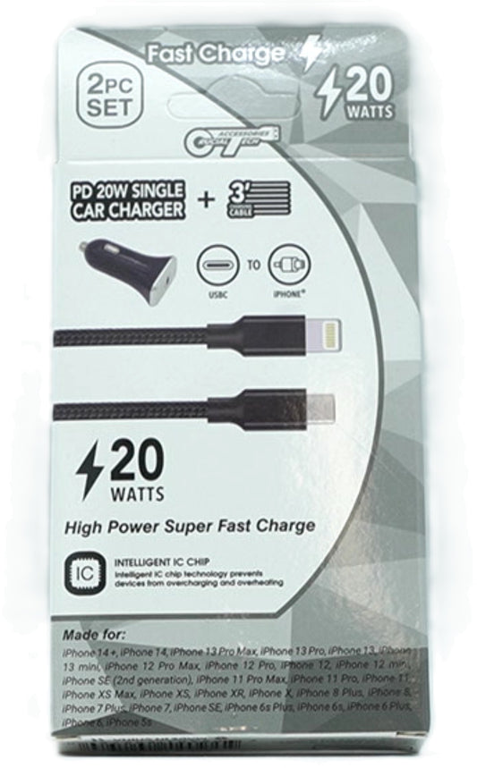 3' USB-C to Lightning Cable & MFI PD Car Charger 20W Fast Charge - Additional View