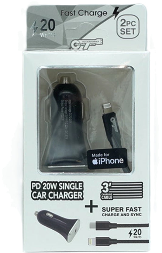 3' USB-C to Lightning Cable & MFI PD Car Charger 20W Fast Charge