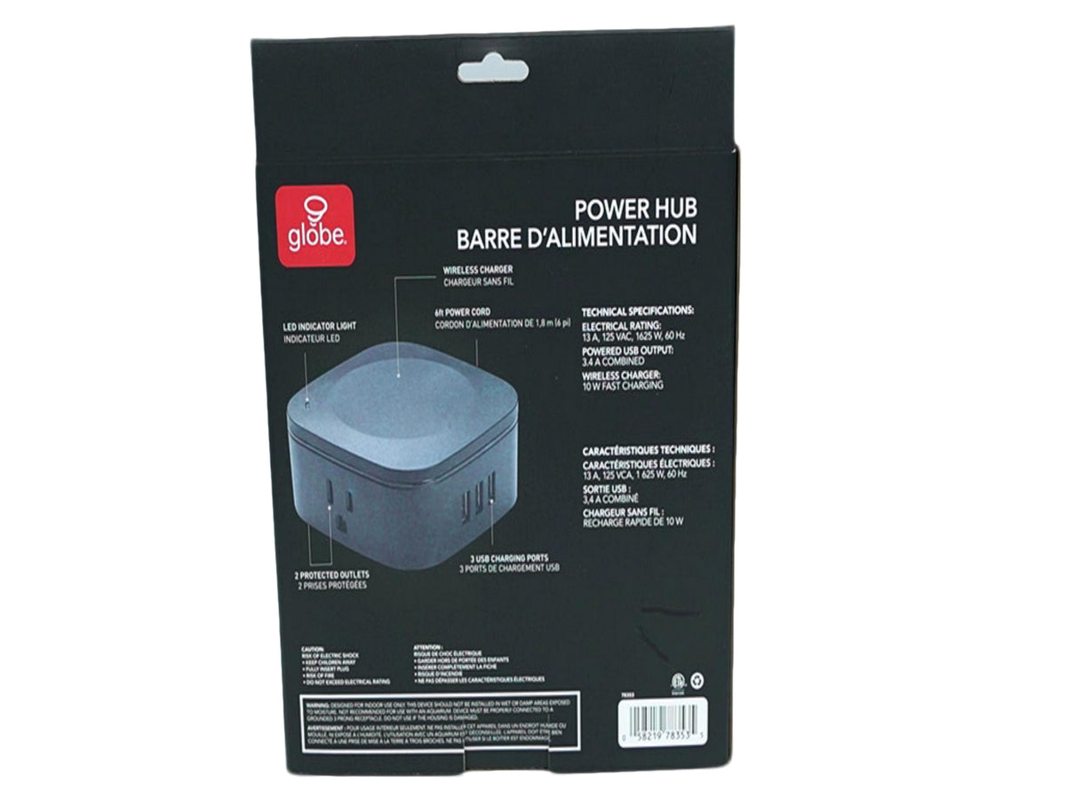 Power Hub 10W Wireless Charger 2 Outlets, 3 USB Ports 6' Cord Globe - Additional View
