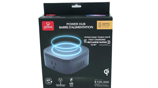 Power Hub 10W Wireless Charger 2 Outlets, 3 USB Ports 6' Cord Globe