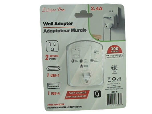 Surge Protector Dual Outlet w/ USB C & USB A Charging - Additional View
