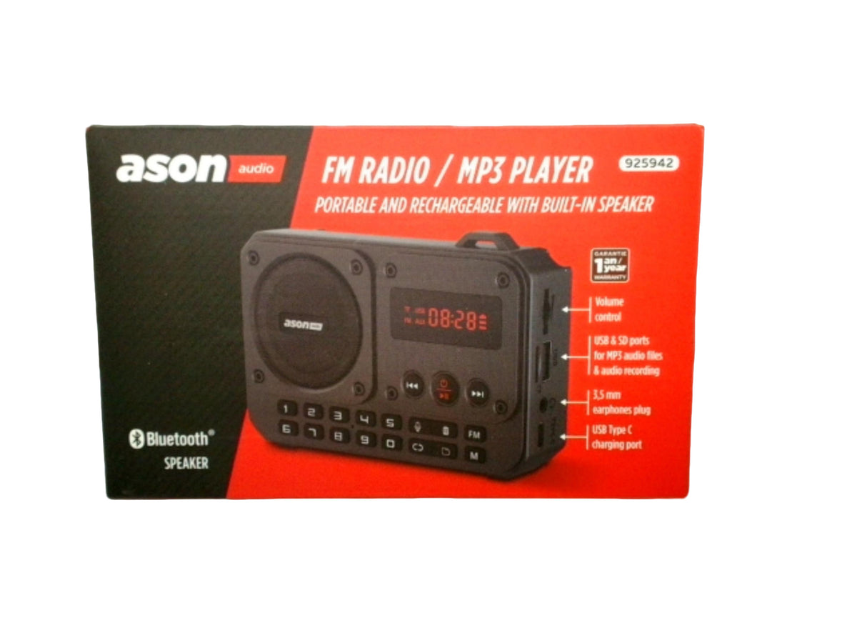 Portable Rechargeable Bluetooth FM Radio/MP3 Player w/Built-In Speaker Ason