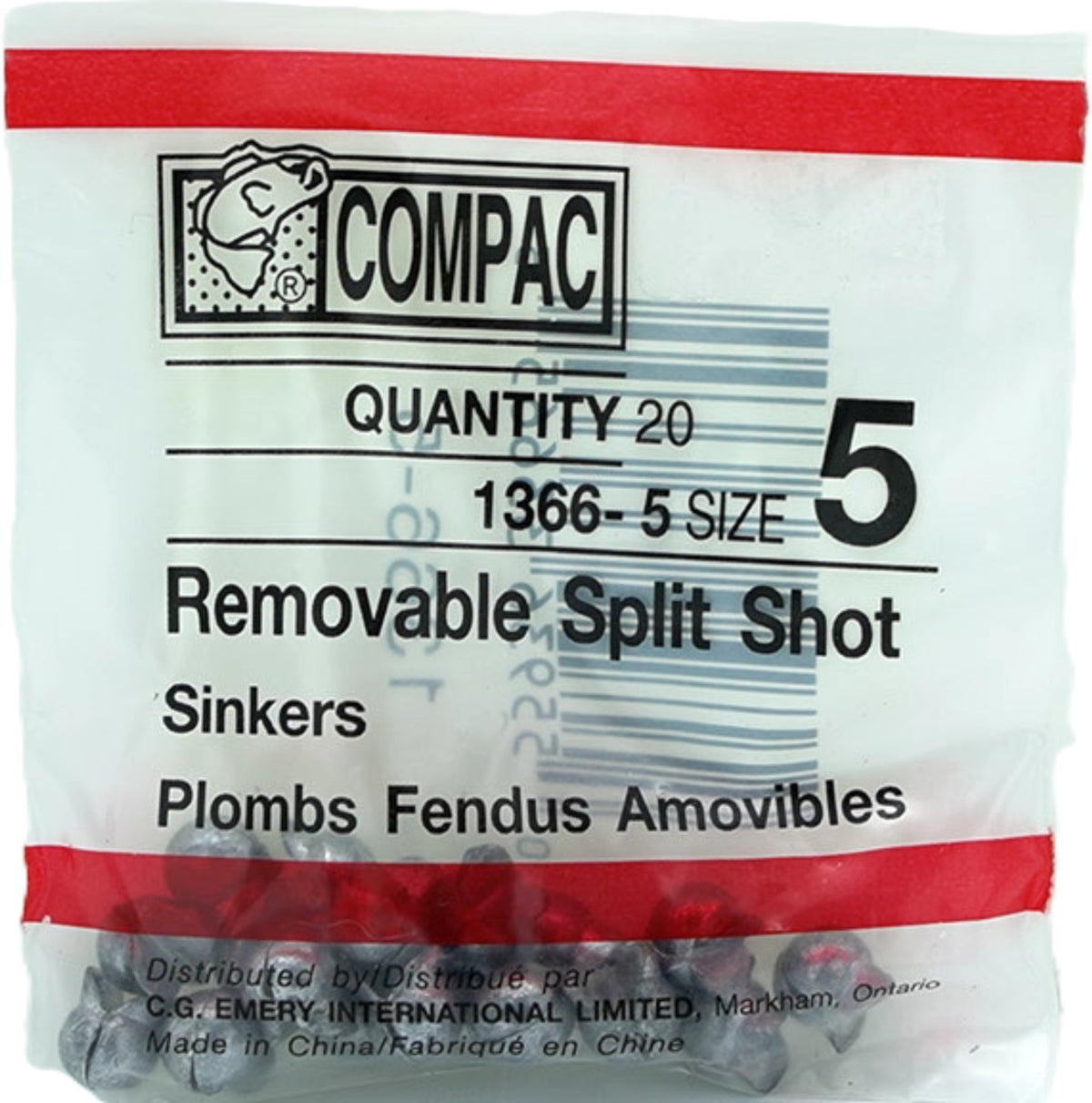 Removable split shot sinkers, size 5, 20 pcs