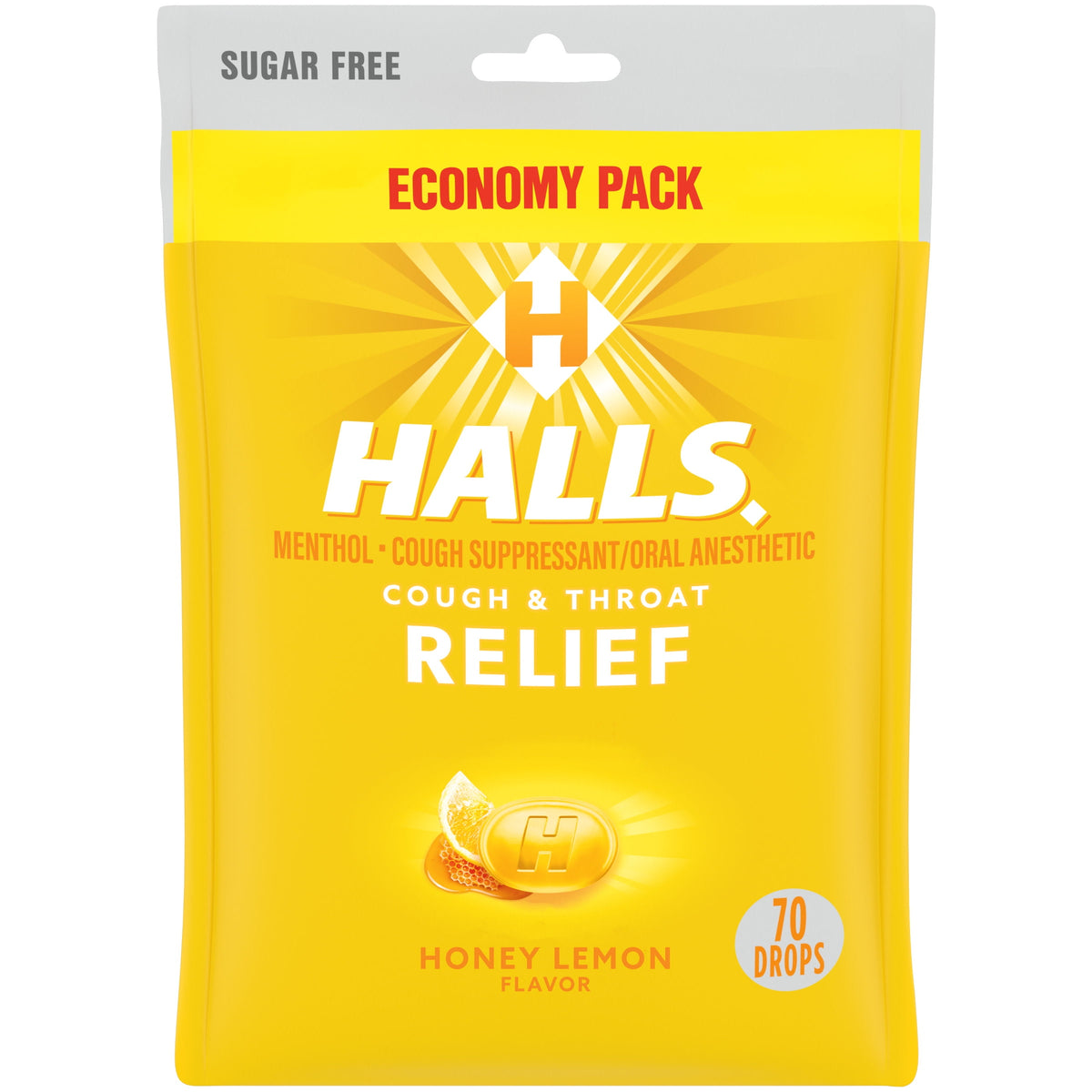 Halls Cough & Throat Relief Honey Lemon 70pk. - Additional View