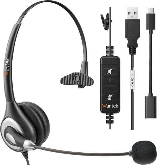 Computer Headset w/Mic 3.5mm w/USB-C Adapter Inline Control Wantek