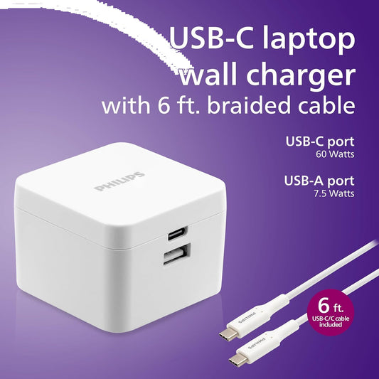USB-C Laptop Wall Charger w/GaN Technology 60W w/6' Cable Philips - Additional View