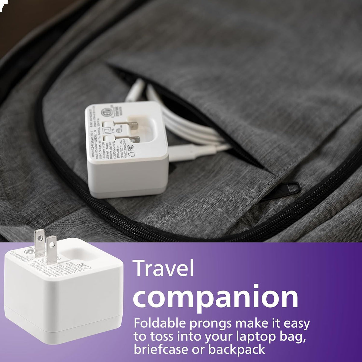 USB-C Laptop Wall Charger w/GaN Technology 60W w/6' Cable Philips - Additional View