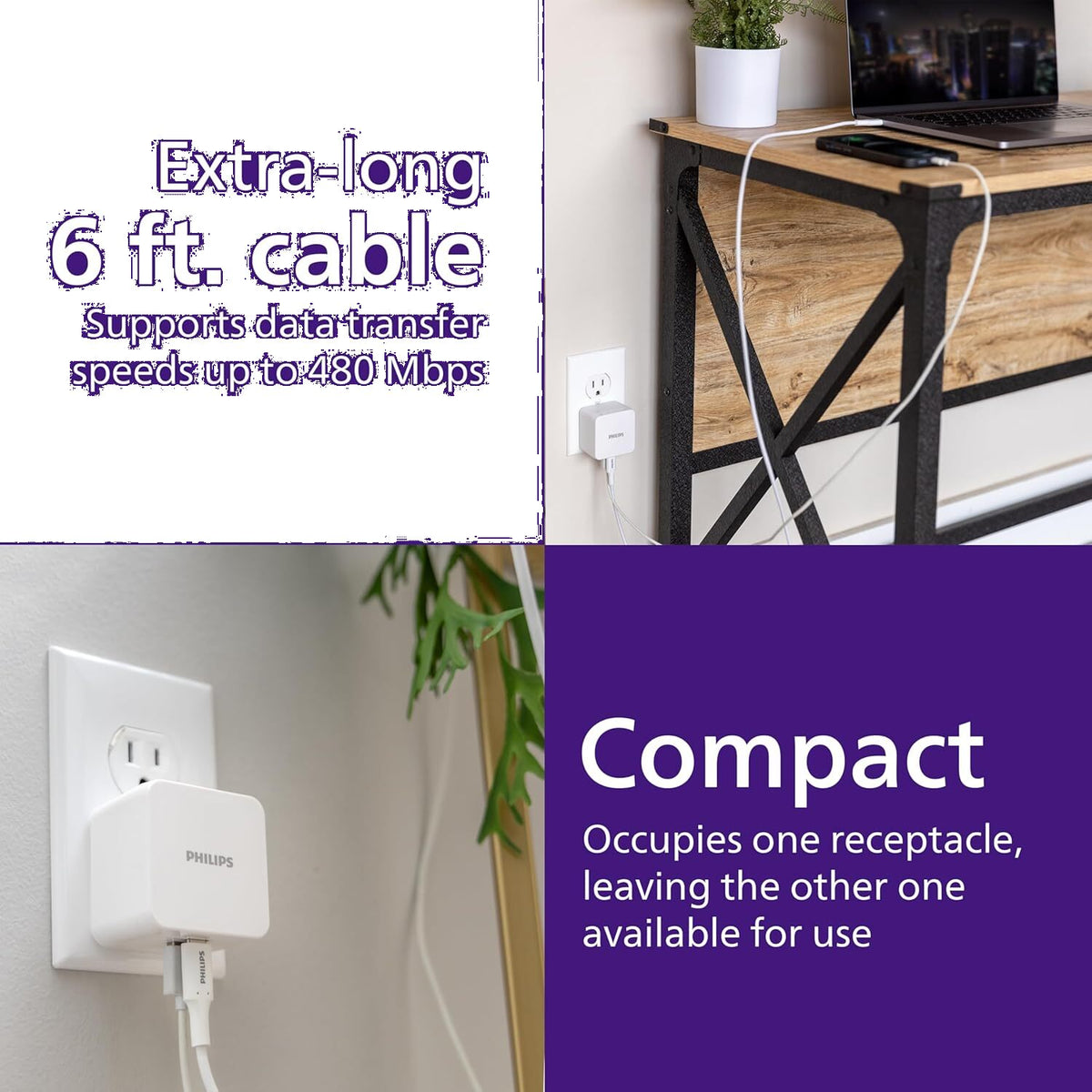 USB-C Laptop Wall Charger w/GaN Technology 60W w/6' Cable Philips - Additional View