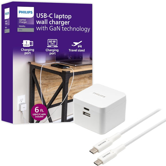 USB-C Laptop Wall Charger w/GaN Technology 60W w/6' Cable Philips