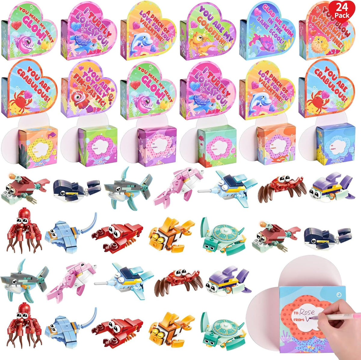 Sea Animal Building Blocks w/Heart Boxes 24pk. Happy Valentines Day