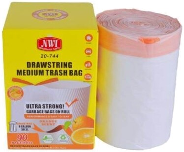 Trash Bag Orange Scented 8 Gallon w/ Drawstring 90Pk 22"x23" NWI