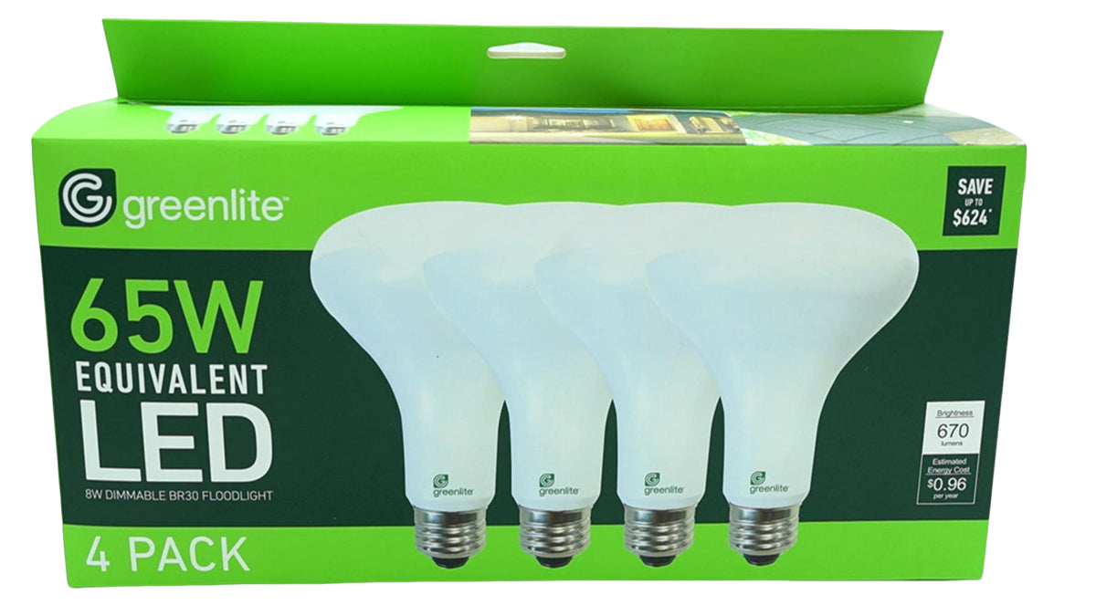 LED Dimmable BR30 Floodlight 4pk. 8W (65W Equivalent) 670 Lumens Greenlite