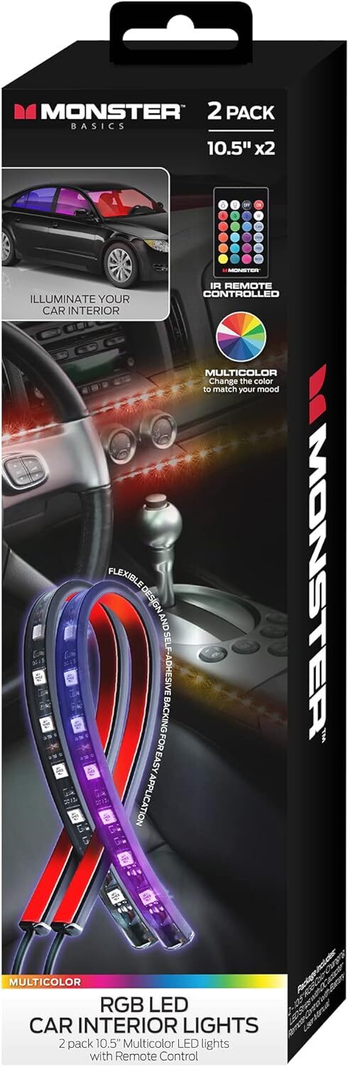 RGB LED Car Interior Strip Lights 10.5" 2pk. Multicolor w/Remote Monster