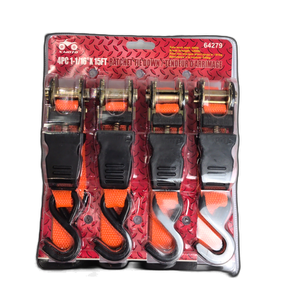 Ratchet Tie Down 1-1/16" x 15' 4pk. Xmoto