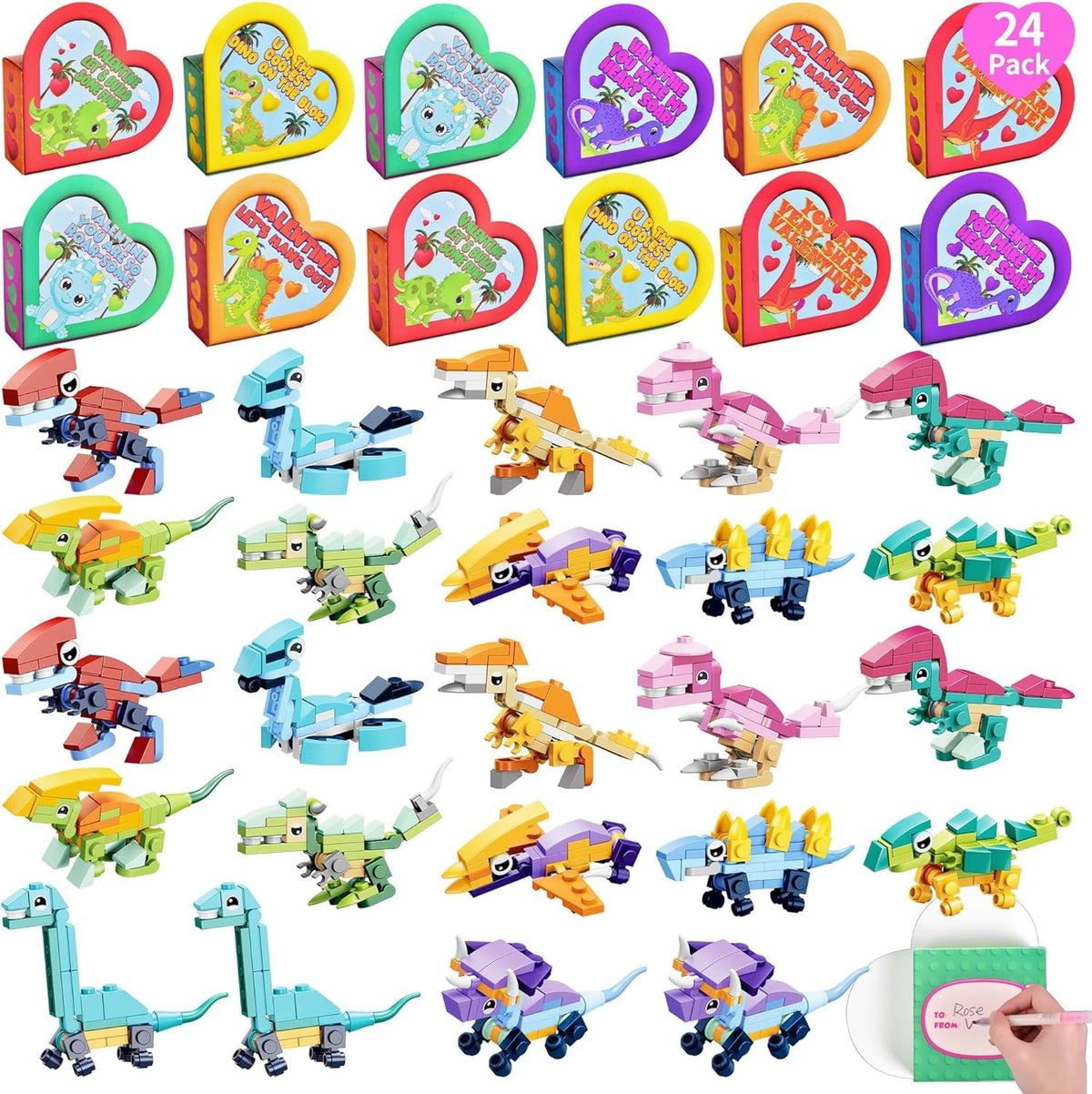 Dinosaur Building Blocks 2/ Heart Boxes 24pk. Happy Valentines Day
