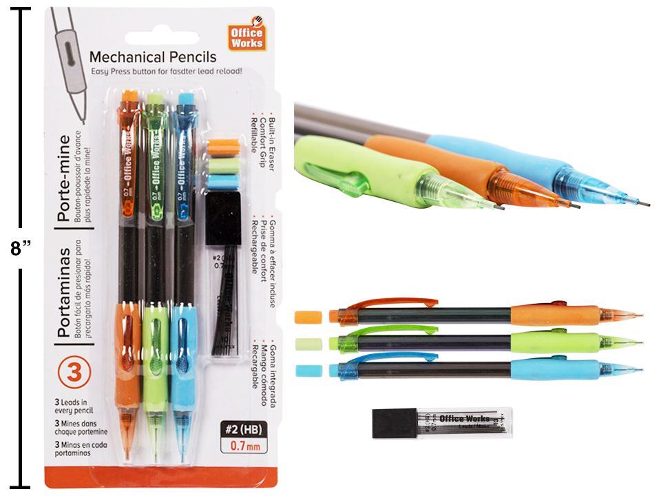 Pencils mechanical 3-Pc w/ Leads Set 0.7mm, b/c (HZ) Office Works