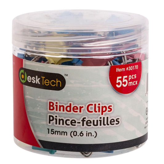 Binder Clip 55pcs 15mm, Multi colour, w/container Desk Tech