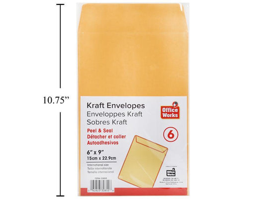 Enveloppes kraft auto-adhésives 6 pces 16,5 x 24,1 cm