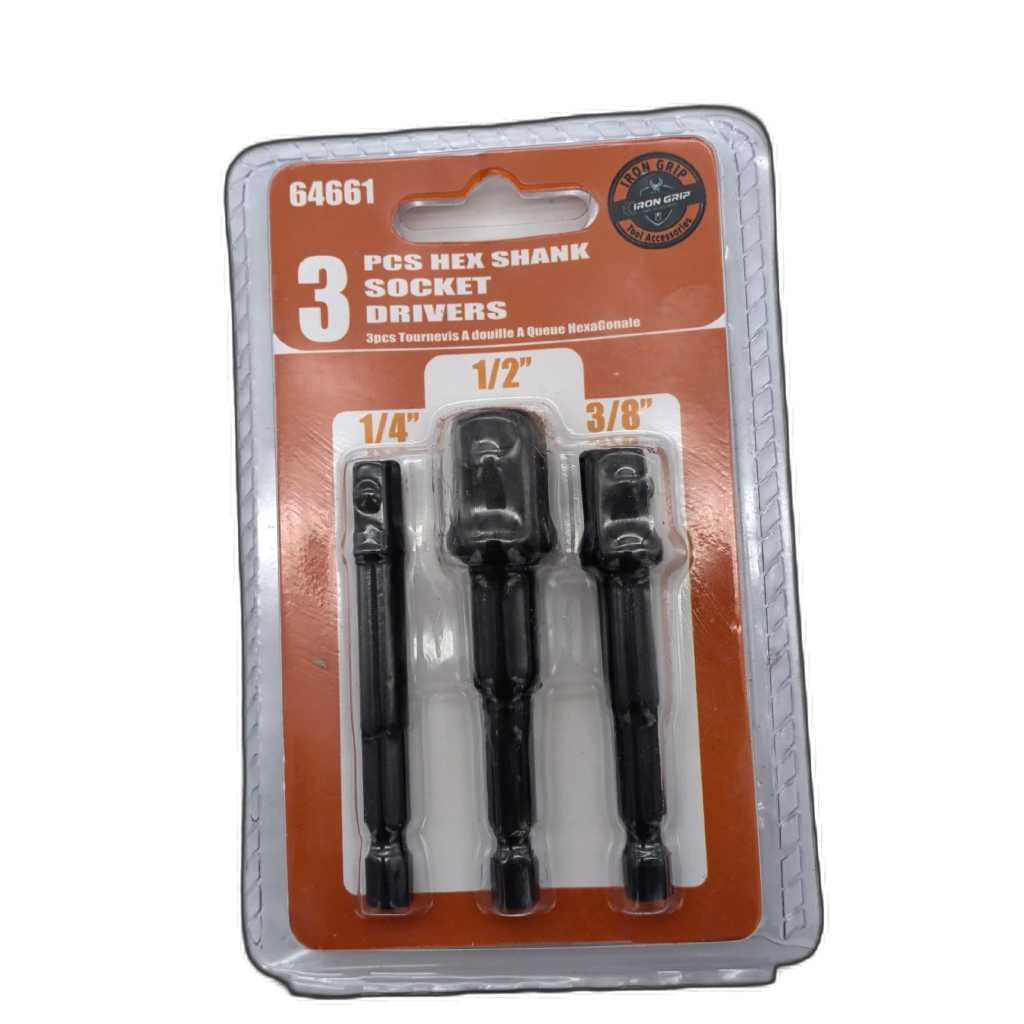 Hex Shank Socket Drivers 3pk. 1/4", 1/2", 3/8" Iron Grip