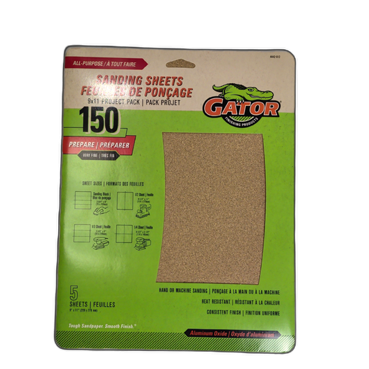 Sandpaper Speed Sheets 150 Grit Very Fine 9" X 11" 5pk. Gator