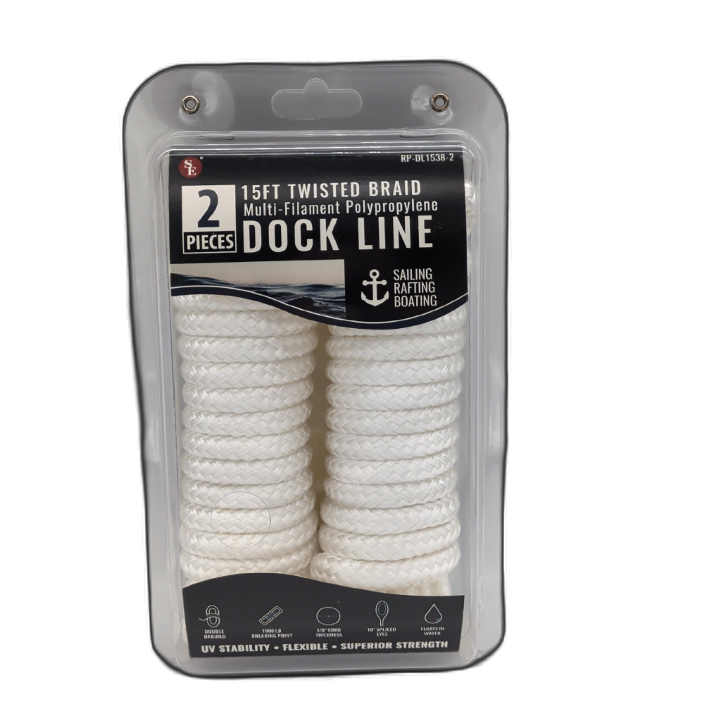 3/8" X 15' Twisted Braid Dock Line 2pk. White Multi-filament Polypropylene