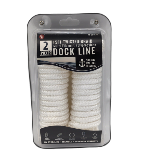 3/8" X 15' Twisted Braid Dock Line 2pk. White Multi-filament Polypropylene