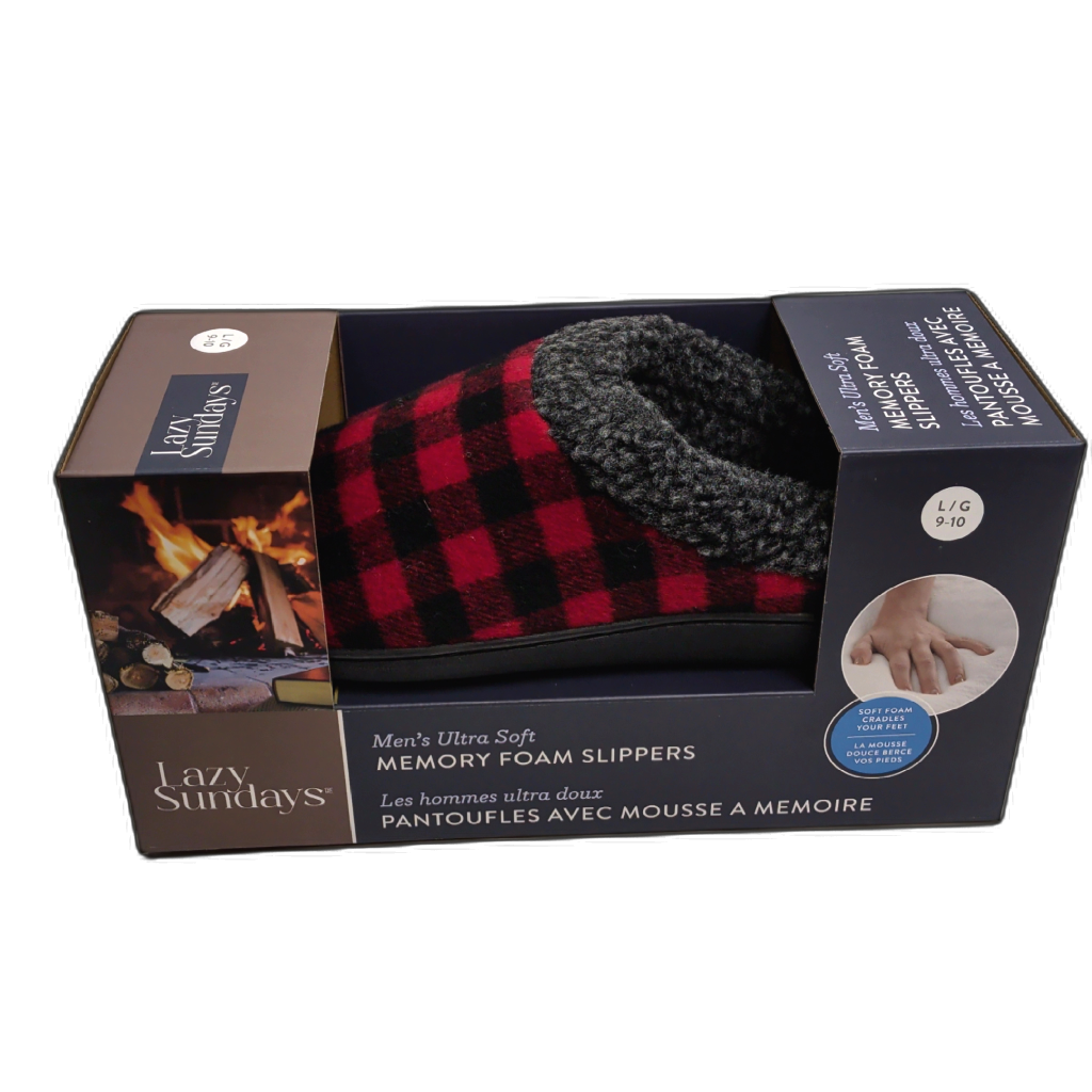 Men's Memory Foam Slippers Clog Red Buffalo Check Assorted Sizes Lazy Sundays