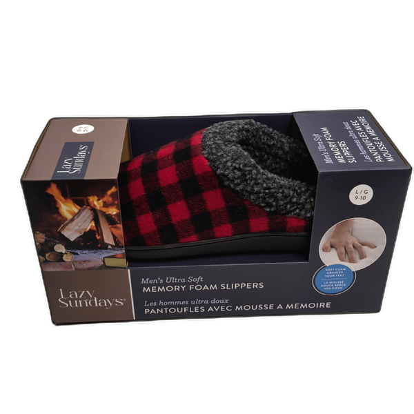 Men's Memory Foam Slippers Clog Red Buffalo Check Assorted Sizes Lazy Sundays