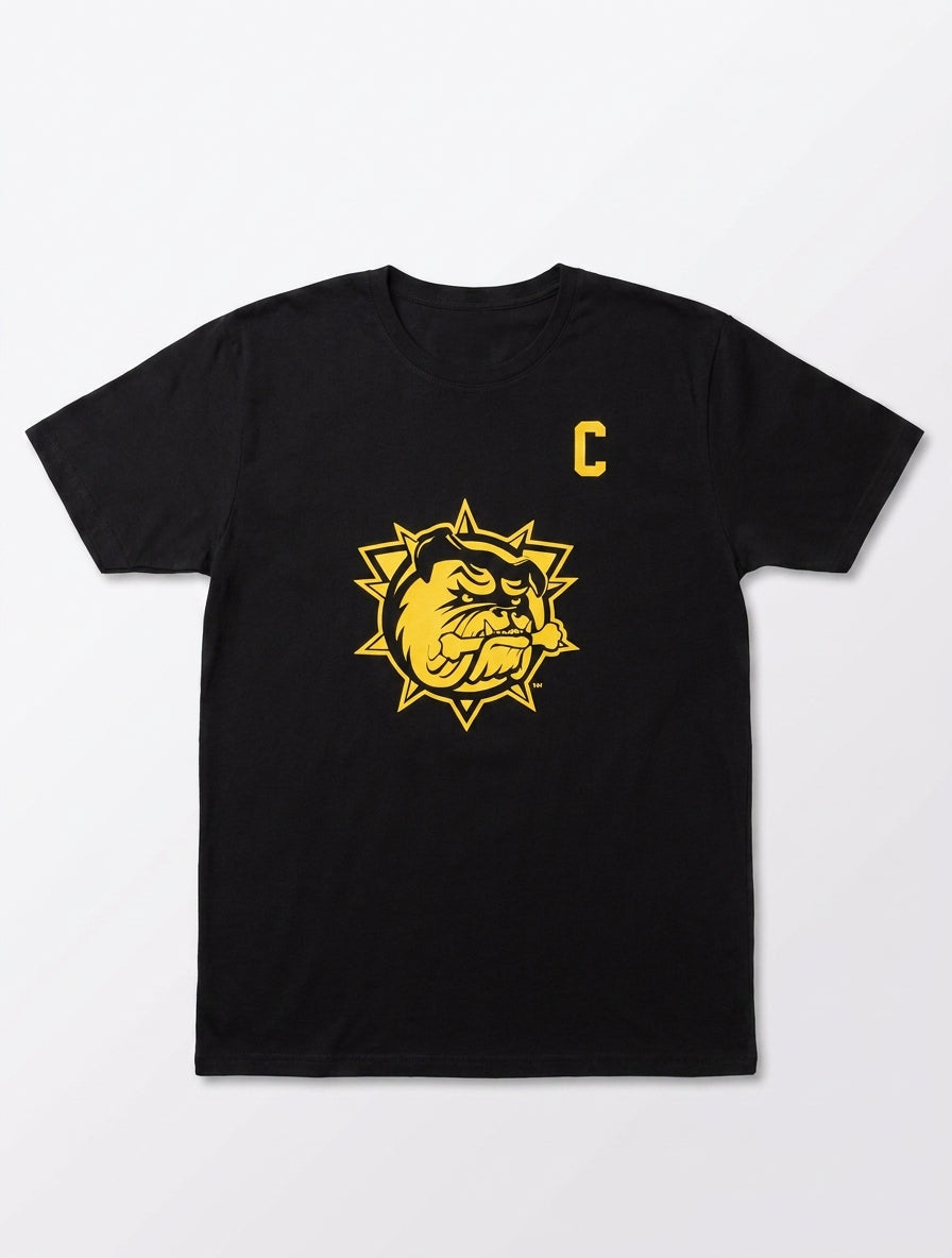 Brantford Bulldogs Captain O'Brien black tee with yellow bulldog crest and captain's C