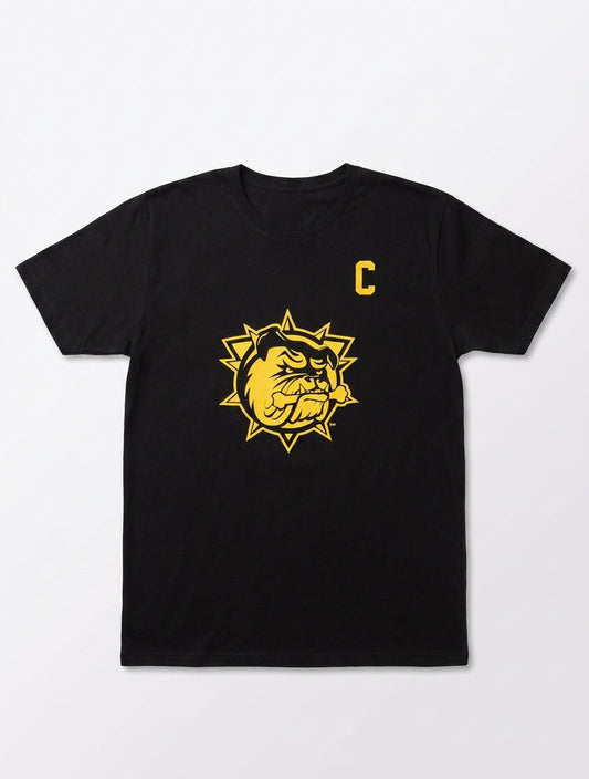 Brantford Bulldogs Captain O'Brien black tee with yellow bulldog crest and captain's C