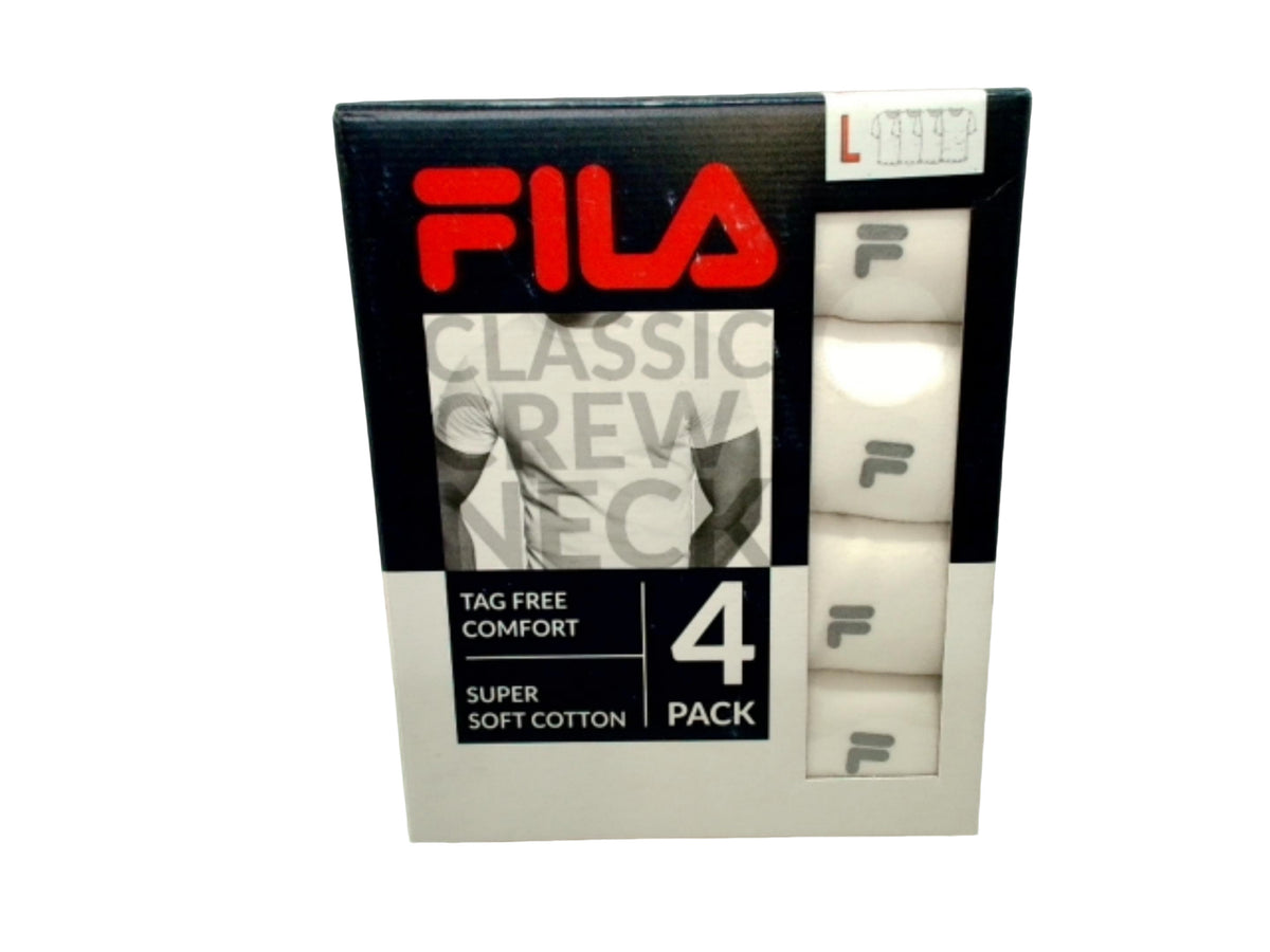 Lot de 4 T-shirts blancs Fila pour homme. Col rond classique, sans étiquette, grande taille.