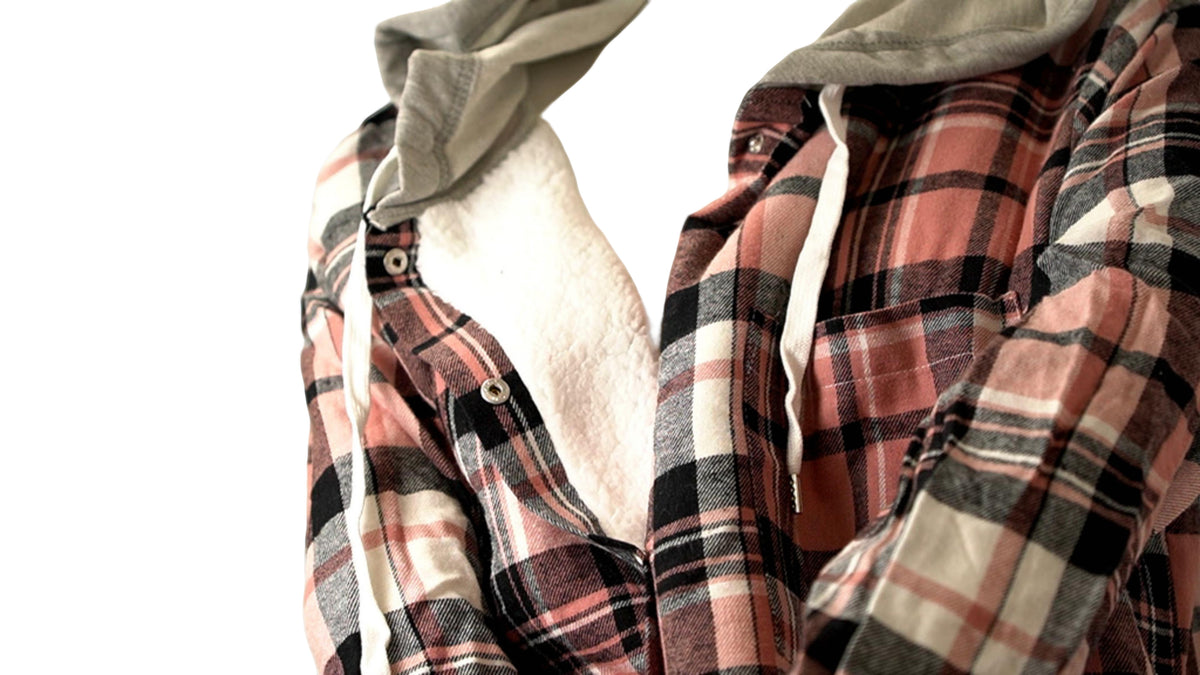 Ladies Sherpa Shirt w/Hood Pink Plaid Ass't Sizes Orange Kiss - Additional View
