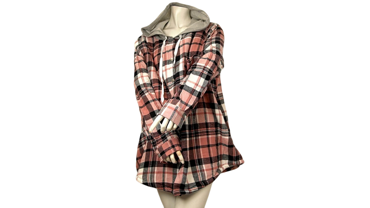 Ladies Sherpa Shirt w/Hood Pink Plaid Ass't Sizes Orange Kiss