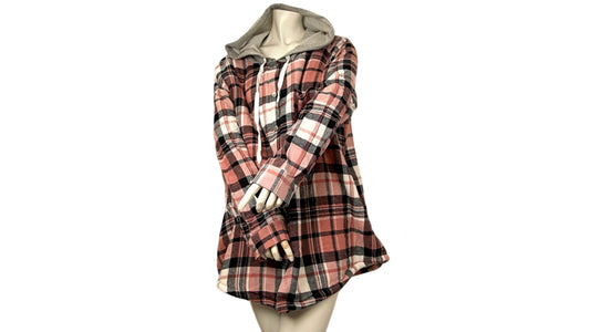 Ladies Sherpa Shirt w/Hood Pink Plaid Ass't Sizes Orange Kiss
