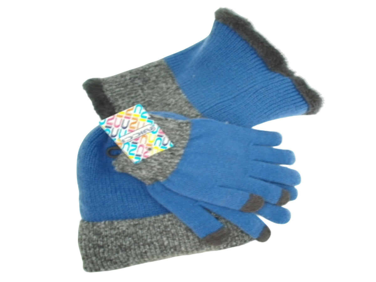 Ensemble thermique 3 pièces Nicci : gants bleus, bonnet et cache-cou