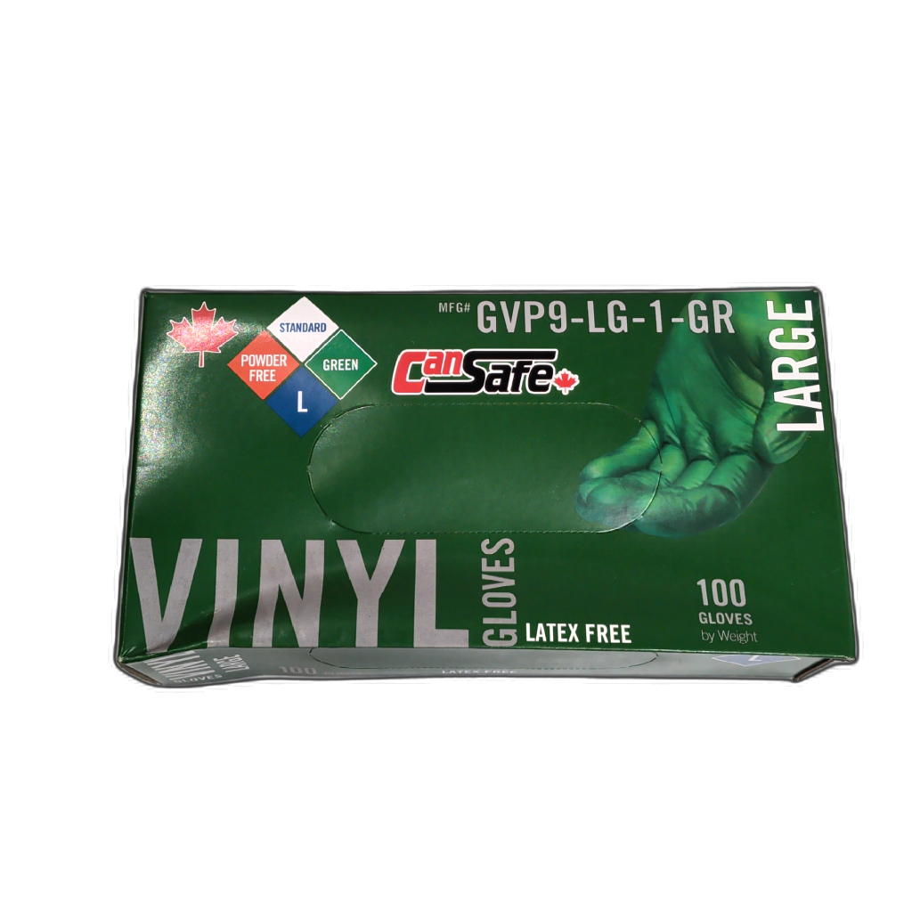 Vinyl Gloves Latex Free 100pk. Large Green Cansafe