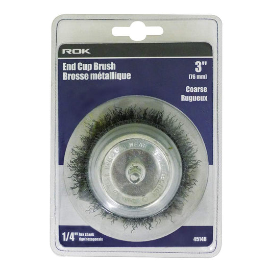 END CUP BRUSH 3INCH COARSE 1/4INCH ROUND SHANK