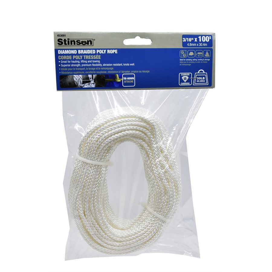 Corde Poly tressé en diamant 8 brins 3/16 po x 100 pi