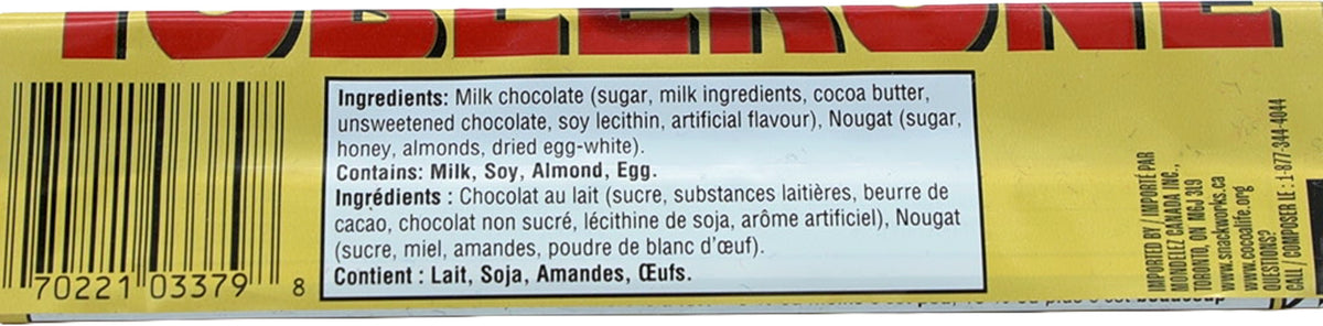 Toblerone Milk Chocolate Bar w/Honey & Nougat 50g.