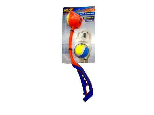 Dog Toy Air Strike Thrower w/2 Mini Squeaky Tennis Balls Nerf Dog