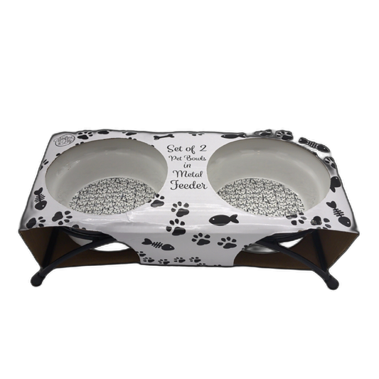 Set Of 2 Pet Bowls In Metal Feeder Cat Faces
